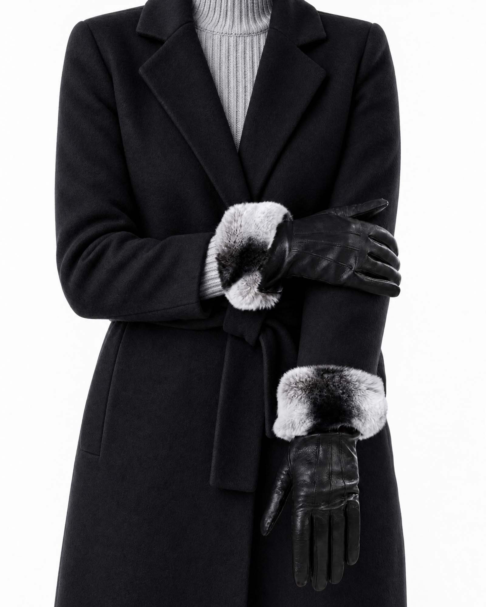 Guantes de piel para mujer con puños de pelo – Negro y blanco