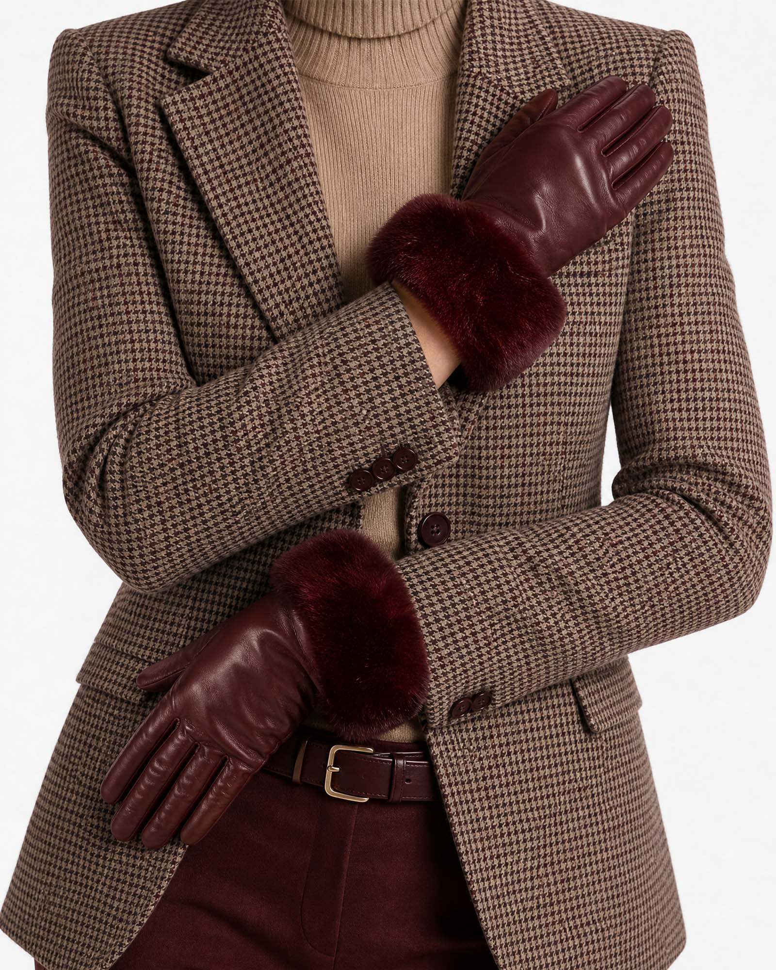 Guantes de piel para mujer con puños de pelo – Rojo