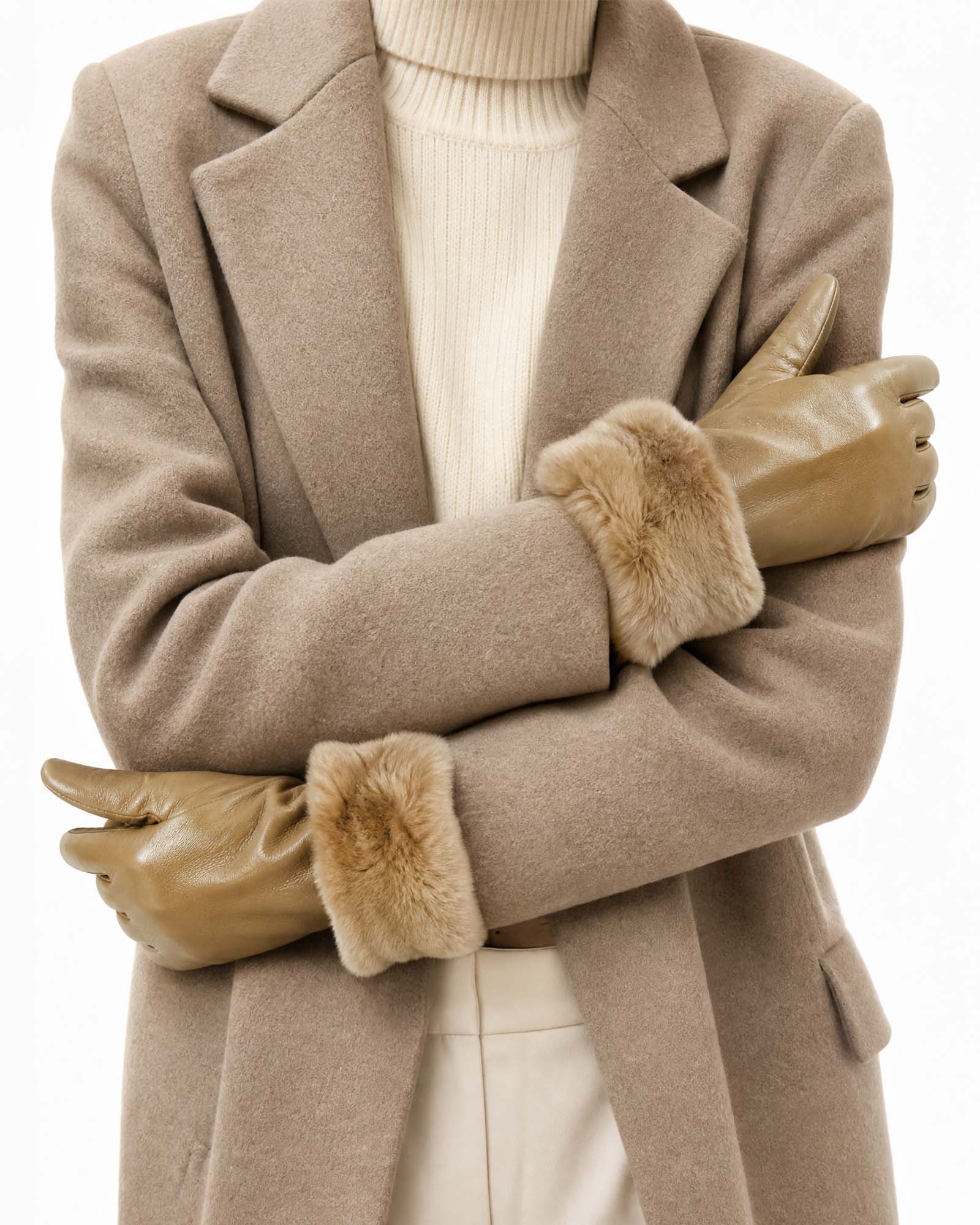 Guantes de piel para mujer con puños de pelo – Marfil